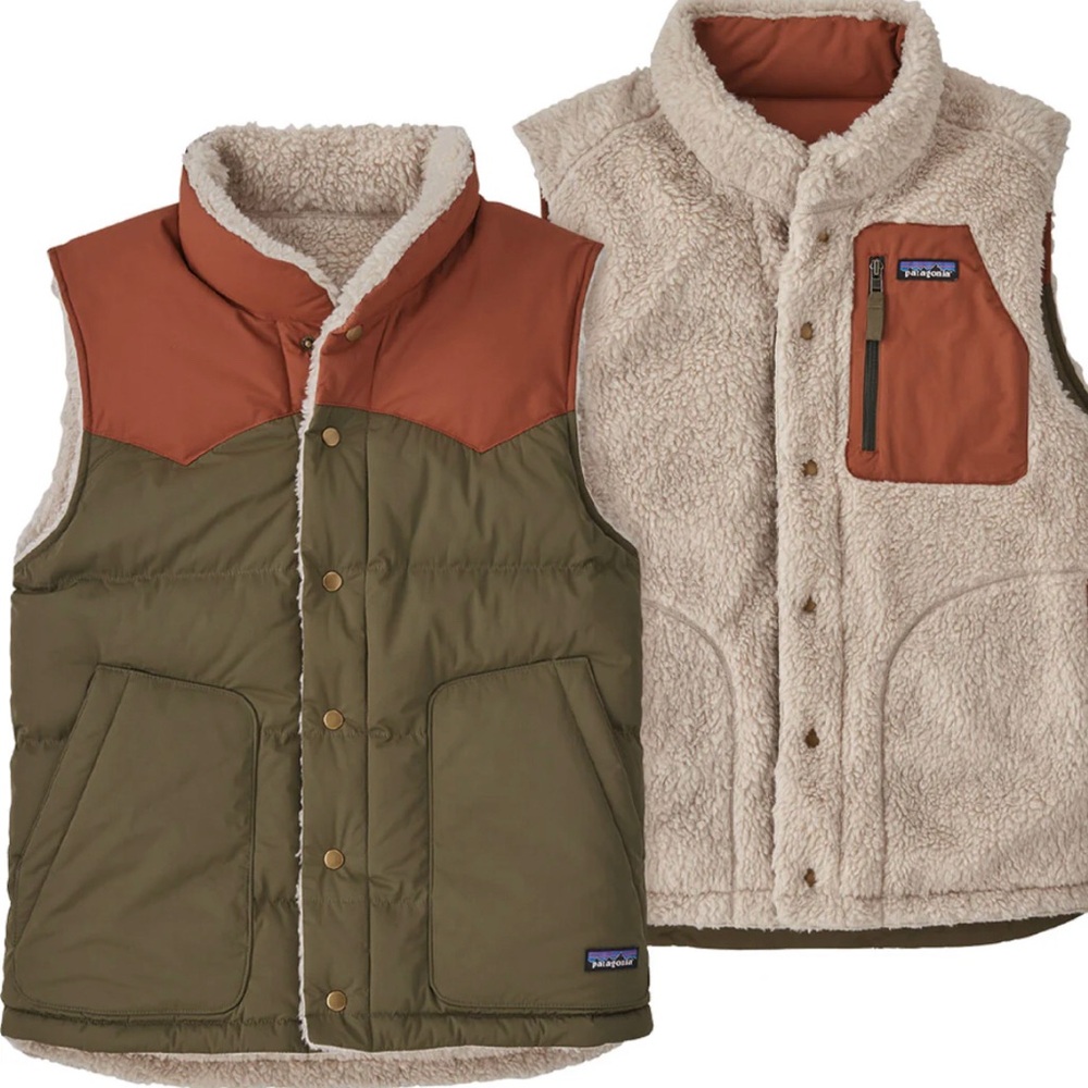 Patagonia Mens Reversible bivy Down Vest in Green & burnt orange Size L EUC